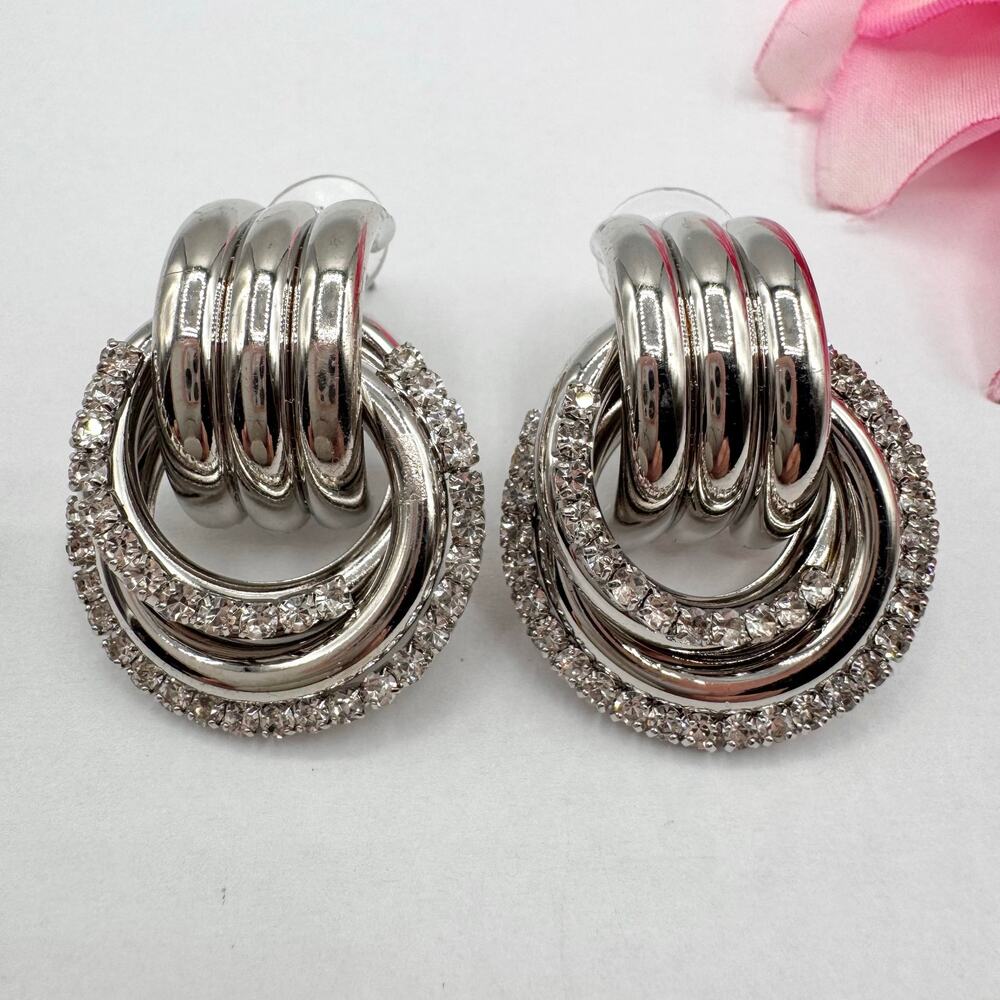 Chunky Door Knocker Knot Stud Earrings With Rhinestones Silver Tone 80s Revival